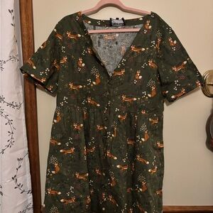 Modcloth Forest Green Fox Pattern Midi Dress